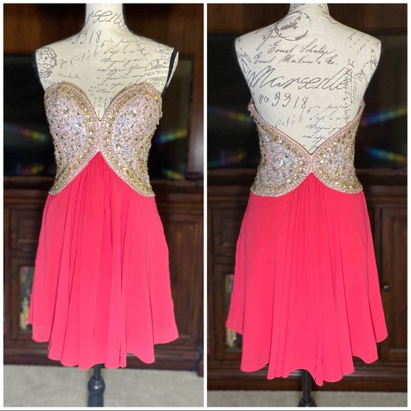 NWOT by Terani Couture Coral Gold Rhinestones Prom Formal Dress Size 8 - Picture 3 of 7